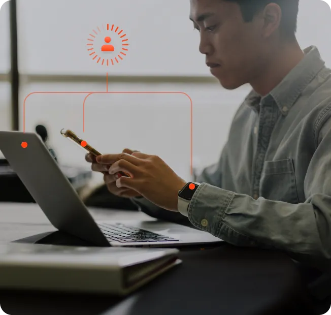 Illustration of one visitor profile connected across a phone and a laptop