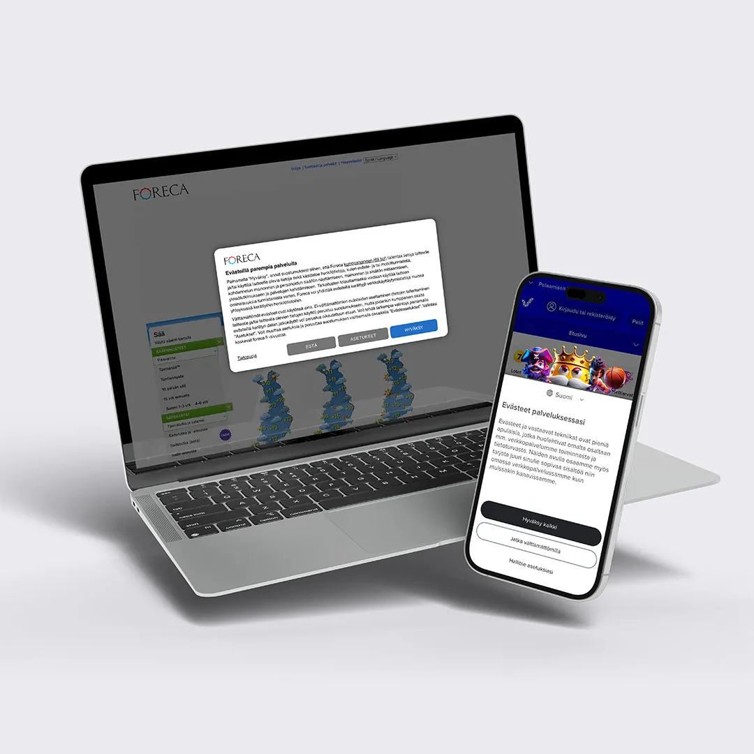 A Gravito CMP consent banner on a laptop and a phone